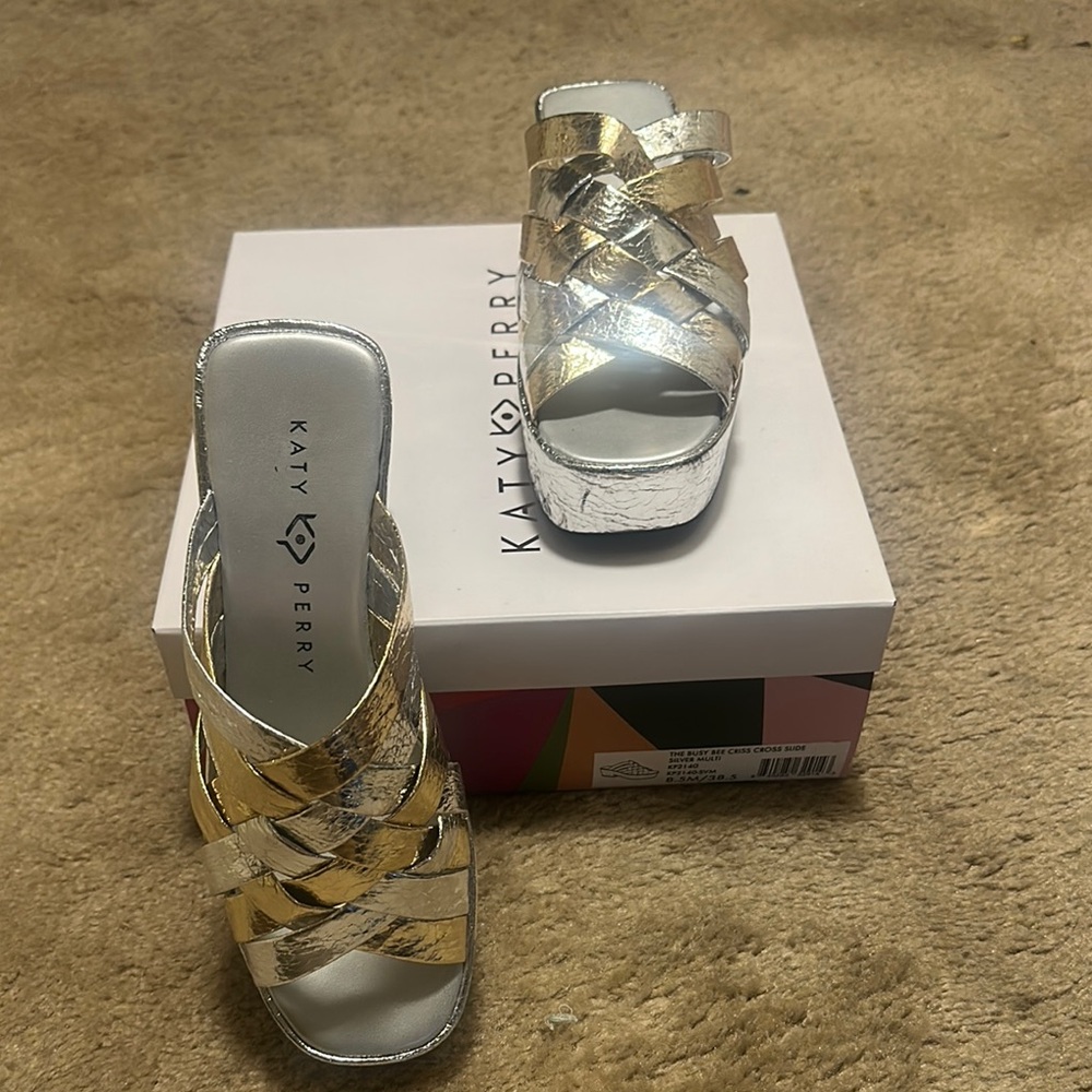Katy Perry Collections Gold and Silver Mules with Metallic Straps